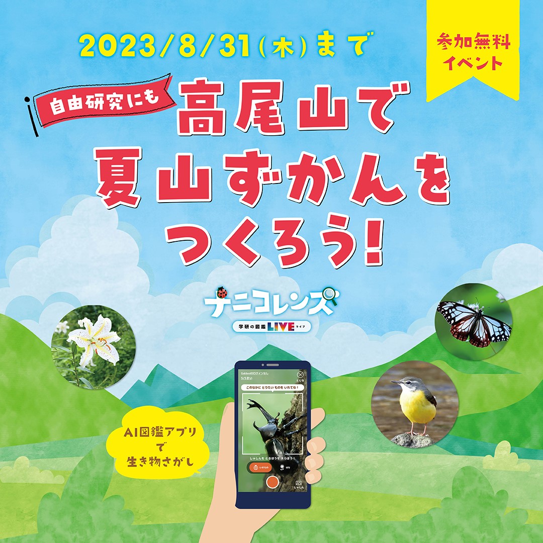 Gakken、【親子向け無料イベント】AI図鑑アプリ「ナニコレンズ」で自由研究！高尾山＆TAKAO 599  MUSEUM「高尾山に生きる多種多様な甲虫たち」で夏山ずかんをつくろう！ 2023年8月31日まで | BabyTech.jp / ベビーテック.jp